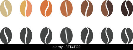 Set di chicchi di caffè, illustrazione vettoriale di chicchi di caffè, set di icone di chicchi di caffè che mostra diversi livelli e sfumature di colore isolati su sfondo bianco. Illustrazione Vettoriale