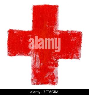 Croce rossa dipinta a mano isolata su bianco. Icona medica di kit di pronto soccorso. Segno di medicina sanitaria ospedaliera o simbolo di medicina d'emergenza, assistenza sanitaria. Foto Stock
