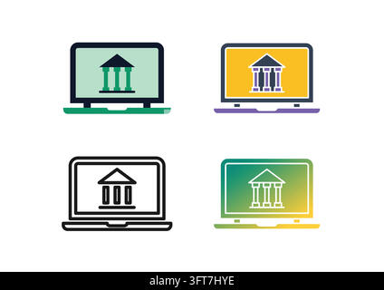 Set di icone vettoriali con computer portatili che visualizzano un edificio bancario classico sullo schermo, rappresentanti la banca online su Internet, piano finanziario digitale Illustrazione Vettoriale