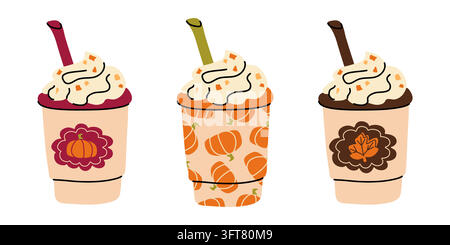 Set di tazze da caffè pumpkin spice latte disegnate a mano per il design del menu da asporto autunnale Illustrazione Vettoriale