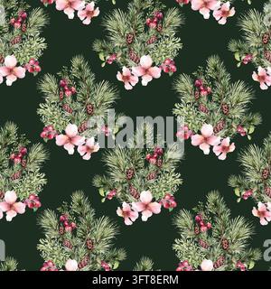 Rametti di abete, bacche rosse e fiori rosa teneri, motivo senza cuciture ad acquerello su sfondo scuro. Sfondo botanico invernale di mirtillo rosso e conifere Foto Stock