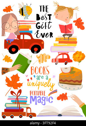 Set di cartoni animati con bambini divertenti che leggono libri. Auto che trasportano una pila di libri Illustrazione Vettoriale