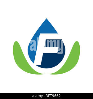 Un logo vettoriale pulito e moderno con la lettera F integrata all'interno di una forma a goccia d'acqua blu cullata da foglie verdi. Questa grafica minimalista simboli Illustrazione Vettoriale