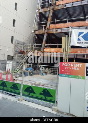 Struttura in acciaio e impalcatura in un cantiere di costruzione di un edificio commerciale con un cartello di locazione a Tokyo, Giappone. Foto Stock