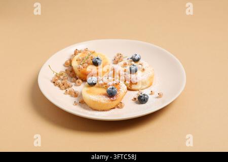 Concetto di cibo dolce gustoso, pancake al formaggio Foto Stock