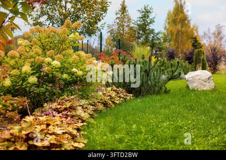 Bellissimo giardino paesaggistico autunnale con arbusti ornamentali, pini, rocce decorative e prato verde Foto Stock