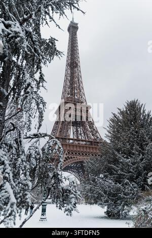 La Torre Eiffel vista attraverso gli alberi innevati del giardino del Campo di Marte, Parigi, Francia. Foto Stock