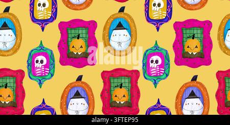 Vibrante pattern senza cuciture di Halloween su sfondo giallo con ritratti incorniciati ad acquerello fantasiosi di fantasmi, zucche e scheletri per luminoso Foto Stock