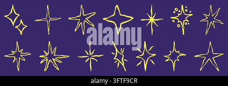 Doodle a mano di stelle con effetti scintillanti. Icone in stile schizzo con elementi luminosi luccicanti. Set di illustrazioni a matita per design a tema magico e decorazioni festive. Elementi magici vettoriali. Illustrazione Vettoriale