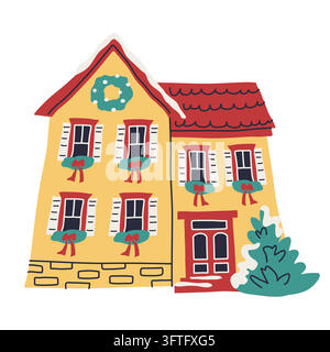 Casa natalizia gialla con fiocchi rossi, neve e illustrazione vettoriale di abete per decorazioni natalizie invernali Illustrazione Vettoriale