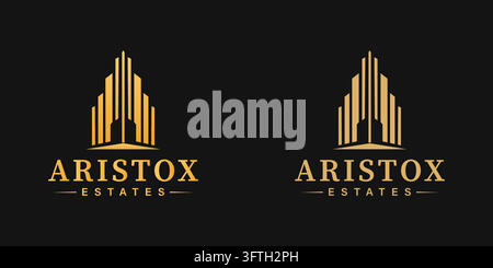 Logo lussuoso di grattacielo dorato per ARISTOX ESTATES, con linee architettoniche eleganti e tipografia premium per immobiliare, sviluppo immobiliare, a Illustrazione Vettoriale