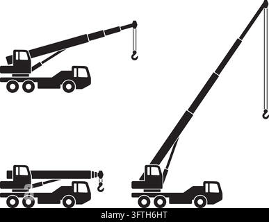 Camion gru mobile veicolo di costruzione silhouette semplice vista laterale set di icone estese simbolo vettore su sfondo trasparente Illustrazione Vettoriale