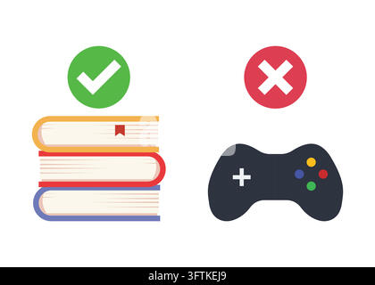 Illustrazione vettoriale che confronta lo studio dei libri con un segno di spunta verde rispetto al gioco dei videogiochi con un simbolo di croce rossa per i concetti di produttività Illustrazione Vettoriale