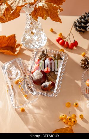 Natura morta autunnale con castagne e foglie secche Foto Stock