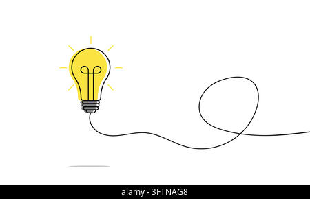 Lampadina gialla brilla con raggi luminosi. Un filo nero si attorciglia lontano dalla sua base. Arte lineare semplice su sfondo bianco. Illustrazione Vettoriale