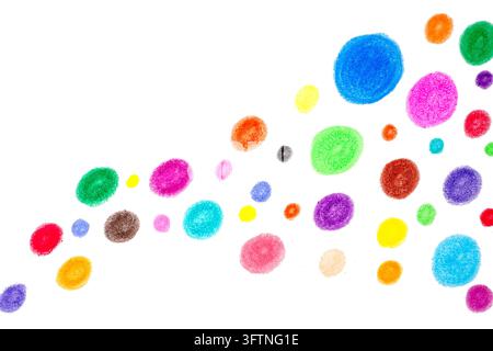 Dipinto astratto in stile acquerello con cerchi e punti multicolori sparsi su uno sfondo bianco Foto Stock