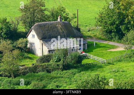 Una fattoria tradizionale con tetto di paglia vicino a Corfe Castle a Wareham, Dorset, Inghilterra. Foto Stock