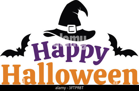Felice cappello da strega per Halloween con pipistrelli e grafica testuale colorata Illustrazione Vettoriale