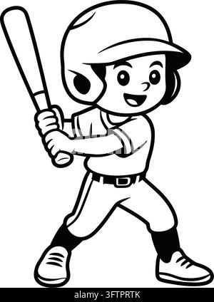 Bambino cartone animato giocatore di baseball con una mazza pronta a colpire Illustrazione Vettoriale