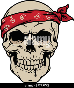 Teschio con bandana da pirata con disegno di teschio e ossa incrociate Illustrazione Vettoriale