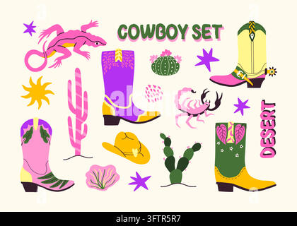 Set di clipart cowboy western retrò in stile vettoriale piatto groovy Illustrazione Vettoriale