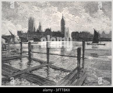 Case del Parlamento e Big Ben sul Tamigi, paesaggio urbano di Londra, incisione del XIX secolo. Foto Stock