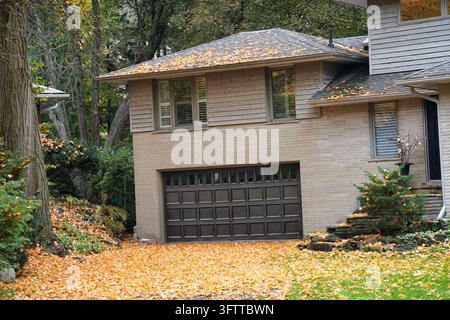 Casa di periferia con vialetto coperto di foglie cadute in autunno Foto Stock