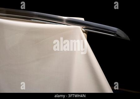 Una spada giapponese "katana" (刀) antica fatta a mano esposta in una vetrina a controllo di temperatura al Museo del Castello di Hikone (彦根城博物館), Shiga, Giappone. Foto Stock