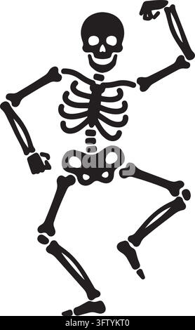 Silhouette nera divertente di uno scheletro che danza isolata su sfondo trasparente Illustrazione Vettoriale