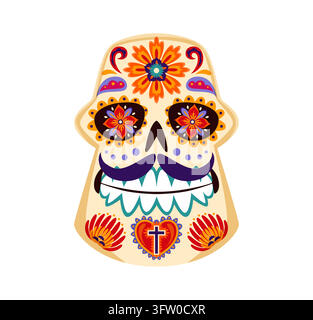 Teschio di zucchero del Día de los Muertos messicano in cartone animato Illustrazione Vettoriale