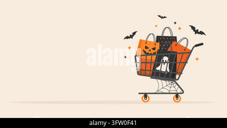 Shopping per Halloween. Carrello della spesa pieno di borse e scatole con pipistrelli volanti intorno. Illustrazione vettoriale piatta Illustrazione Vettoriale