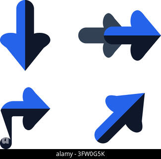 Set di quattro icone a freccia in stile 3D blu e nere con disegno di nota musicale, isolate su sfondo bianco Illustrazione Vettoriale