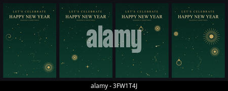 Set di biglietti d'auguri con illustrazione vettoriale di Buon Anno con stelle dorate ed elementi celesti disposti su uno sfondo verde scuro Illustrazione Vettoriale