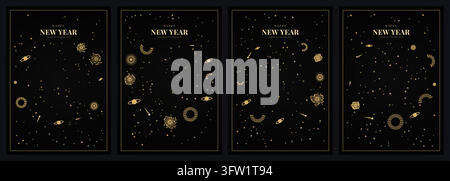 Set di biglietti di auguri con illustrazioni vettoriali di Capodanno con elementi celesti dorati e astrologia spaziale su sfondo nero scuro Illustrazione Vettoriale