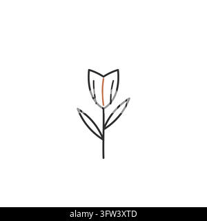 Arte di linee di contorno di tulipano con tazza arrotondata, linee dei petali interni, stelo e foglie, vettore primaverile Illustrazione Vettoriale