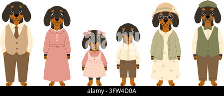 Simpatico set di cani bassotti in famiglia. Personaggi cartoni animati vettoriali di genitori, bambini e nonni isolati su sfondo bianco. Illustrazione Vettoriale