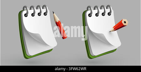 Quaderni 3D con matite rosse su sfondo grigio. Set di cancelleria per ufficio per la pianificazione. Illustrazione vettoriale. Illustrazione Vettoriale