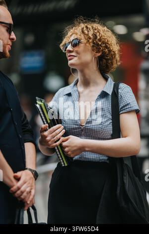 Giovane donna che conversa con un uomo in una strada cittadina affollata mentre tiene dei quaderni. Una conversazione urbana informale tra due colleghi o amici catturata Foto Stock
