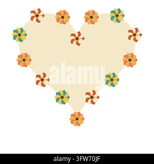 Dodici piccoli fiori di campo retrò che tracciano una forma a cuore su una silhouette di cuore color crema, un motivo floreale d'amore. Illustrazione Vettoriale