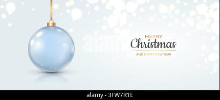 Palla di Natale blu chiaro lucida con nastro dorato e testo festivo su uno sfondo sfocato pallido. Illustrazione Vettoriale