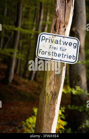 Segnale su un sentiero boschivo privato Foto Stock