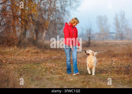 Donna che utilizza gesti manuali per comunicare con un golden retriever durante l'addestramento all'aperto nella campagna autunnale. Obbedienza del cane, rinforzo positivo, p Foto Stock