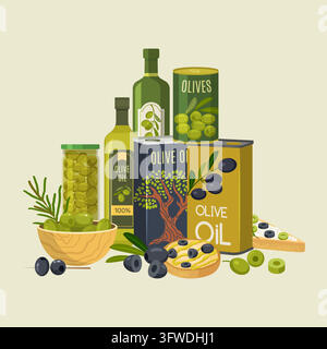 Bottiglie di olio d'oliva, barattolo di olive, ciotola di legno e bruschetta, illustrazione vettoriale piatta Illustrazione Vettoriale