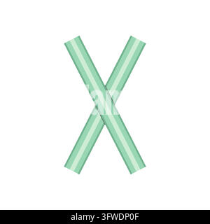 Una X inclinata formata da due strisce piatte di nastro adesivo color menta che si incrociano ad angolo, leggero luccichio su ogni striscia, isolata su bianco. Illustrazione Vettoriale