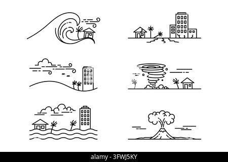 Icone minimaliste in arte lineare per illustrare diversi tipi di catastrofi ambientali come tsunami, terremoti, inondazioni e vulcani Illustrazione Vettoriale