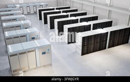 rendering 3d dei sistemi di immagazzinamento dell'energia o delle unità contenitore della batteria per data center Foto Stock