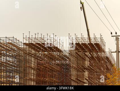 Strutture metalliche dense di impalcatura incorniciano strutture di cemento incompiute mentre una gru alta e linee di servizio si ergono sopra il cantiere sotto un cielo pallido Foto Stock