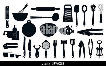 Set di illustrazioni vettoriali di icone a silhouette di utensili da cucina isolati su sfondo bianco Illustrazione Vettoriale