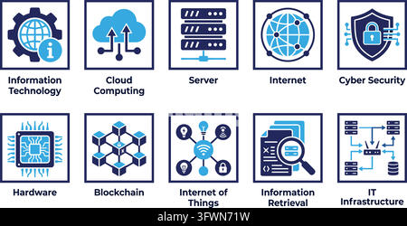 Icone di tecnologia dell'informazione e cloud computing set blu per l'infrastruttura digitale. Illustrazione Vettoriale