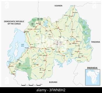 Mappa stradale dettagliata della nazione dell'Africa centrale del Ruanda Foto Stock